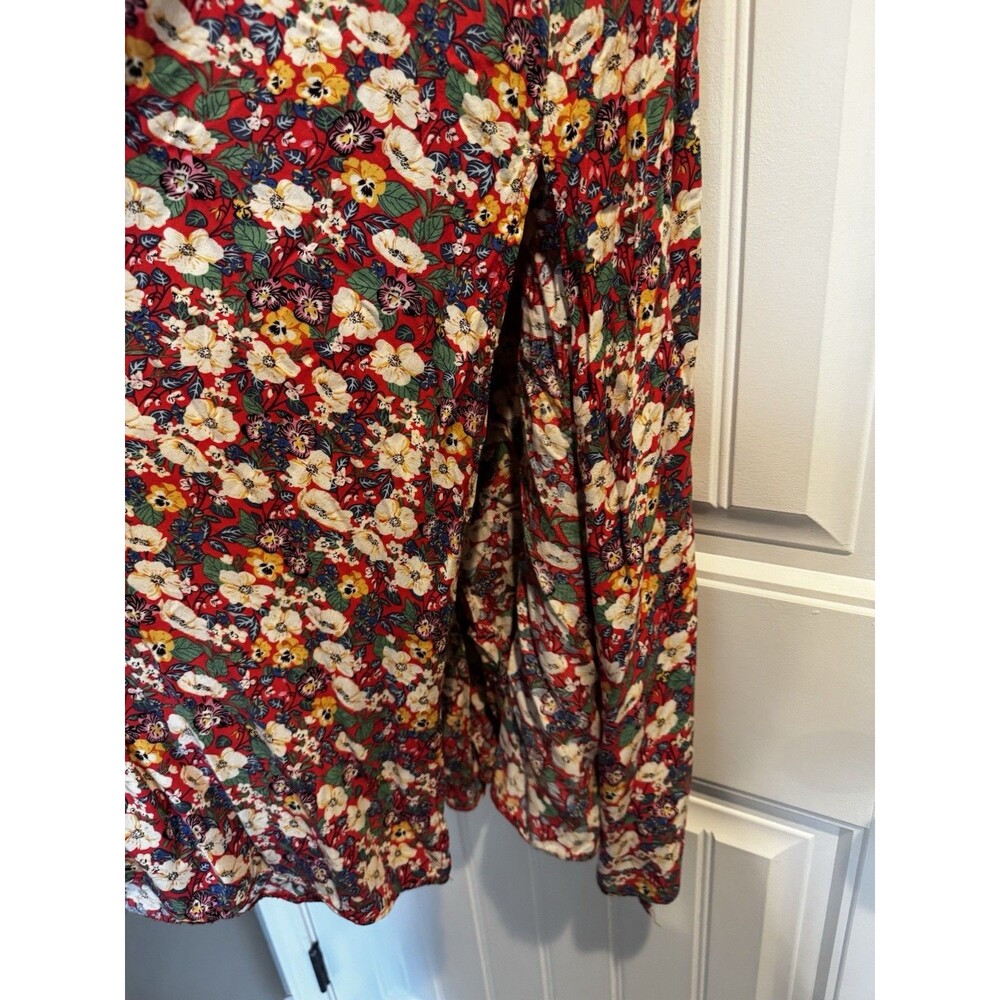 Natural Life Womens M Floral Smocked Maxi Dress Red Boho Cottagecore Rayon Slit - Picture 7 of 9